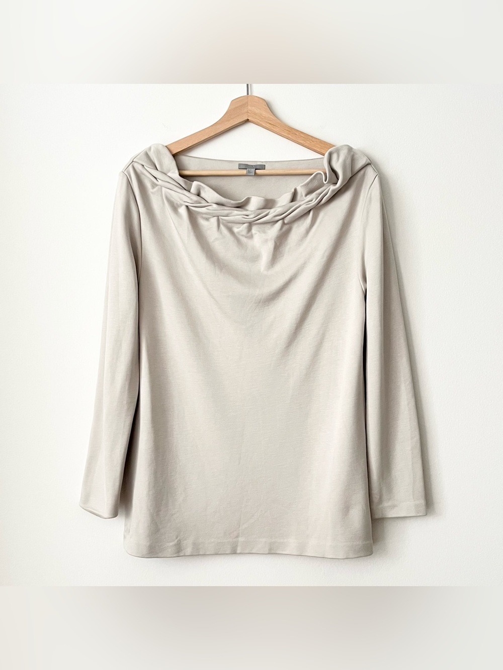 COS Women's Jersey Top Blouse Ruffled Neckline Size M Tan Beige Minimalist Chic